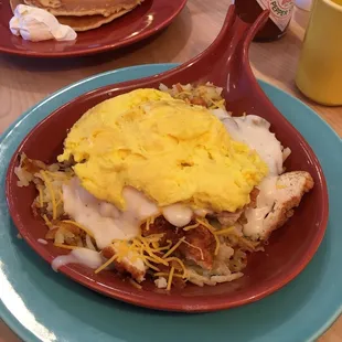 Chicken tender skillet with pancakes!