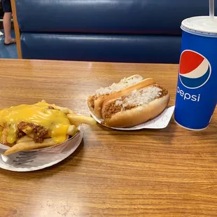 Two Texas dogs and an order of chili cheese fries.