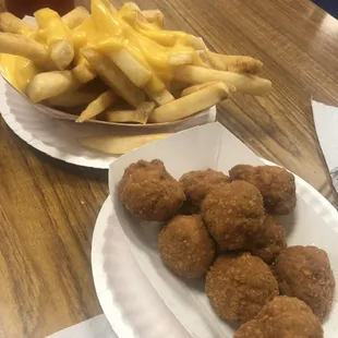 Cheese fries and mushrooms.