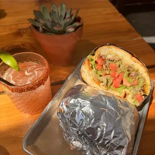 Asada Torta &amp; a strawberry, cucumber margarita.
