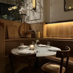 a table and chairs in a restaurant