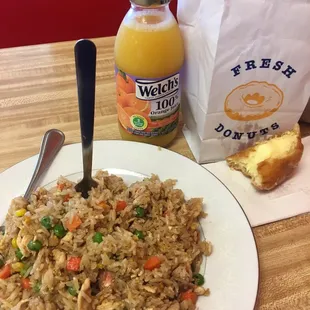 Combo fried rice and custard filled donut