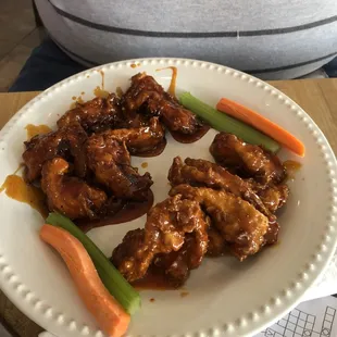 Boneless wings with 2 sauces. Hand-breaded and fried to golden perfection!