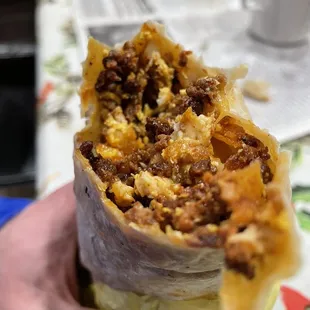 Chorizo, Cheese, Potatoes and Eggs Breakfast Burrito