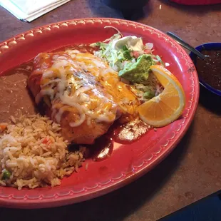 Burrito and enchilada combo with a side of mole