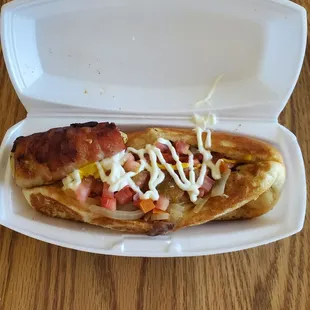 a hot dog in a styrofoam container