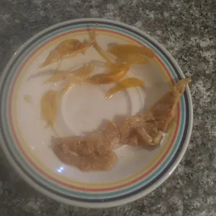 Plastic and boiled fat in my carnitas burrito.