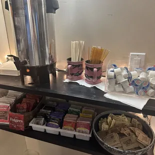 Tea, coffee, and hot chocolate station. Help yourself!