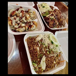 Fried Shrimp Wontons, Char Sui Kai Fan with Lomein, Veggie Fried Rice