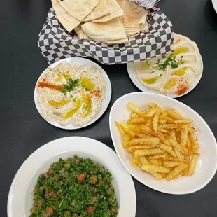 Hummus, baba ghanouj, fries &amp; tabbouleh