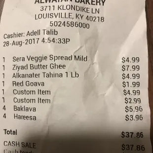 This was receipt. No pictures of baklava since eaten in SUV; so delicious and fresh