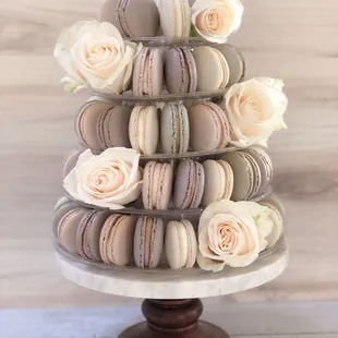 Custom 6 dozen taupe ombre macaron tower for a small wedding. Macaron stand rental for a refundable deposit of $50.