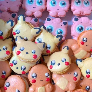 Custom macarons of Pokémon characters: Jiggly Puff, Pikachu, &amp; Charmander. Custom requests on our website; pick up in Castro Valley, CA.