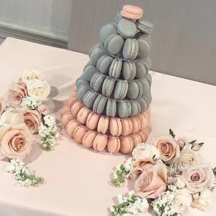 Custom 6-tier blue &amp; pink macaron tower for a wedding. Cater custom desserts from our Castro Valley bakery for any Bay Area event.