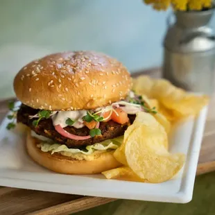 a hamburger and chips