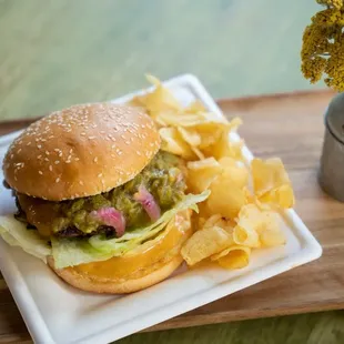 a hamburger and chips