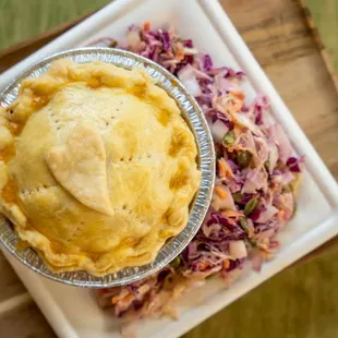 a pie and coleslaw