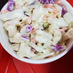 Cole slaw made with Apple vinegar to and a little sweet taste. Reminds me of a Waldorf salad in a sense.