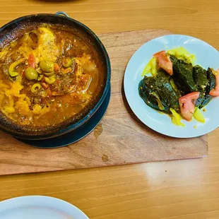 fish tagine &amp; stuffed grape leaves (the grape leaves are BOMB!)