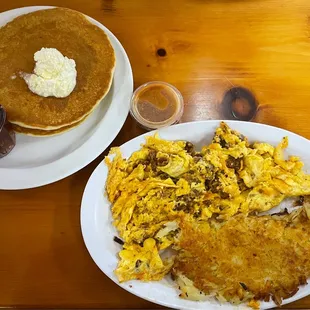 Chorizo Omelet, with Hash Browns and Buttermilk Pancakes