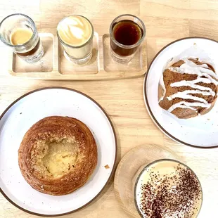 Coffee flight with marshmallow latte and pastries
