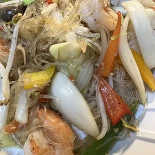 Long rice stir fry with shrimp.