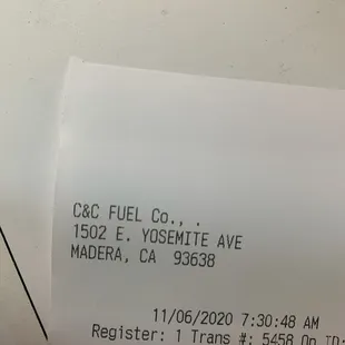 a receipt for a fuel company