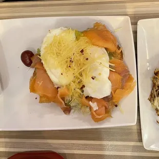 Salmon avocado toast with hash browns