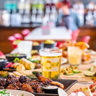 a table of food and drinks