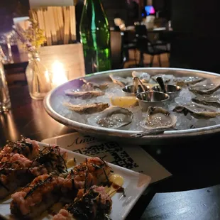 Oysters and crispy rice tuna