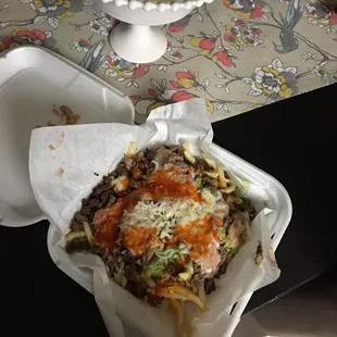 Carne asada fries with beans