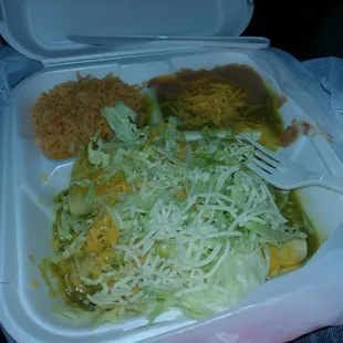 Cheese enchiladas combination plate with rice and beans. Extra enchilada was another $2.50. Came out to almost $12.