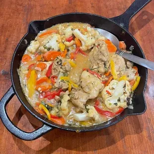 a skillet of food