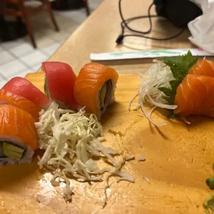 salmon, avocado, and rice