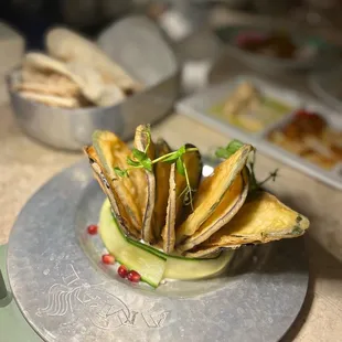 CRISPY EGGPLANT &amp; ZUCCHINI labneh, cucumber, golden raisins