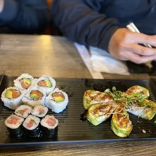 Eaten lol 8 Piece Amami Special Roll, Negi Toro maki, Alaska Roll