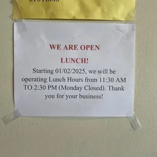 We are now open for lunch 11:30am to 2:30pm, 4:30pm to 9:00