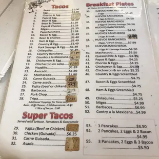 the menu of the restaurant
