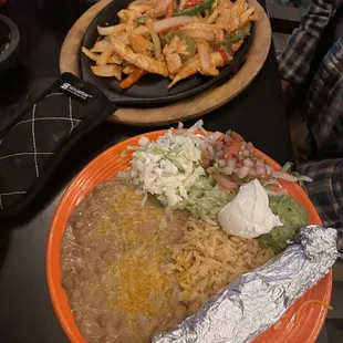 Chicken Fajitas - Regular. Refried beans. Corn tortillas.