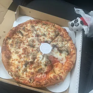 Pepperoni and mushroom pizza. Pepperoni not so plentiful