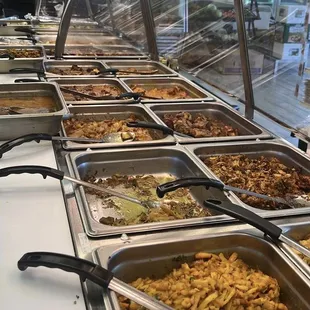 a buffet with many different types of food