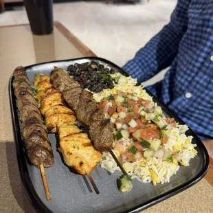 Mixed grill plate with rice, beans and chop chop (the veg)