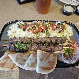 Beef Kafta, rice, chop chop, hummus and pita