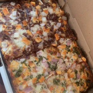 Half bbq chicken. Half Tandoori Pizza Square Deep Dish