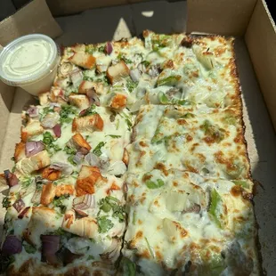 Small pizza half Philly Cheese Steak, half Naga pizza (chicken based)