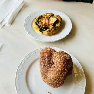 Cinnamon morning bun and brioche with pesto, eggplant, red bell pepper and cheese