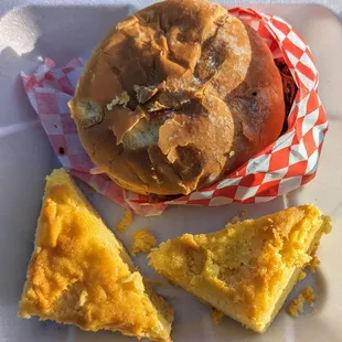 Pulled pork sandwich and cornbread