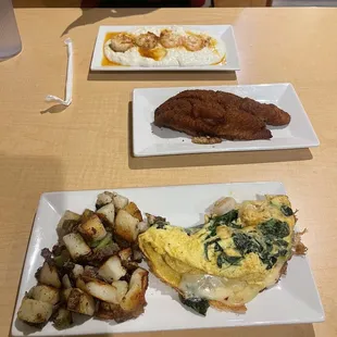 Shrimp &amp; Grits  Swai Fish  Seafood Omelet with home fries