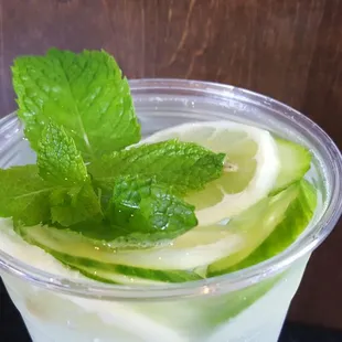 Hydrate with our lemon cucumber mint infused water