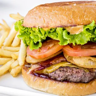 a hamburger and french fries